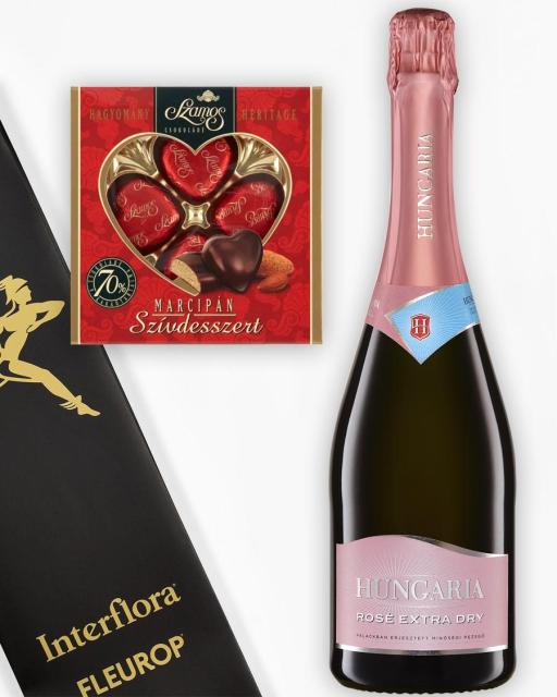 Gift bag with Hungária Extra Dry Rosé and chocolate marzipan hearts