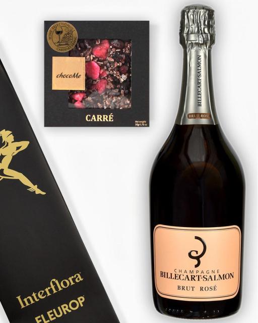 Gift bag with Billecart-Salmon rosé champagne and ChocoMe chocolate bar