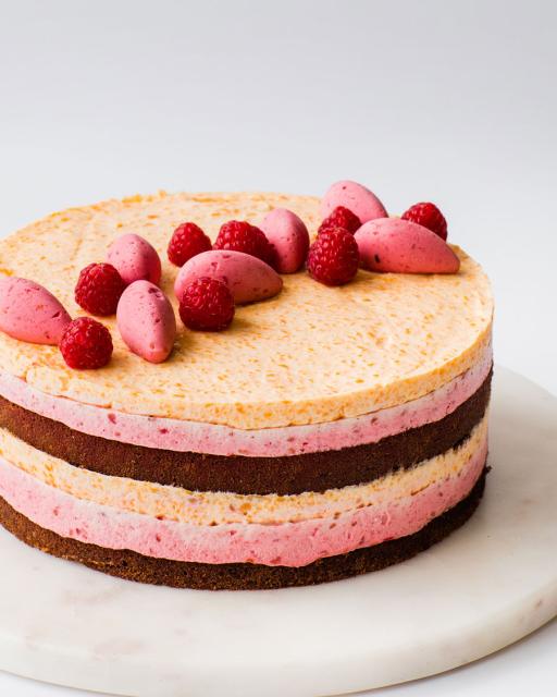 Raspberry mousse cake with peaches