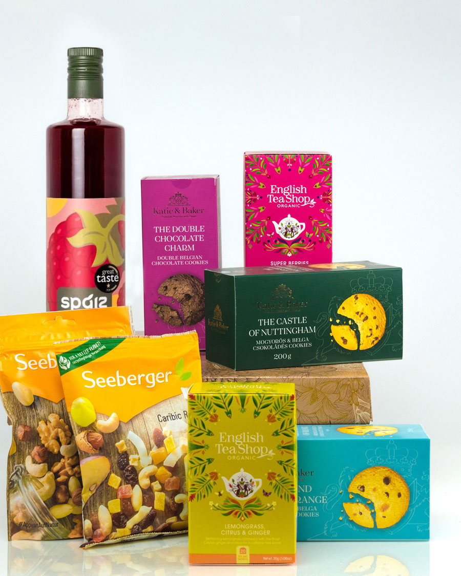 Luxus ajándékdoboz málnaszörppel és magvakkal